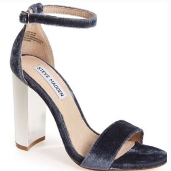 Steve Madden Carrsonv Blue Gray Velvet Ankle Strap Mirror Heels - Picture 1 of 9